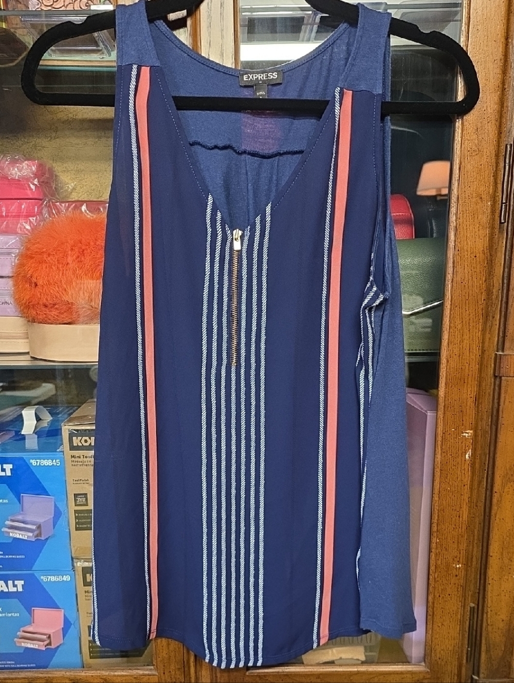 Express Navy Tank Top with Coral Stripe Accents
